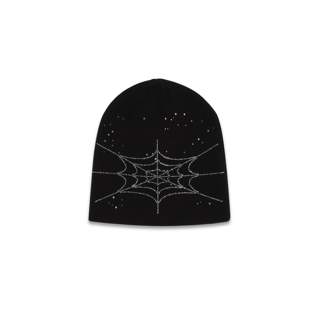 Black acrylic skully beanie with rhinestone spiderweb and scattered rhinestones.