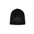 Black acrylic skully beanie with rhinestone spiderweb and scattered rhinestones.