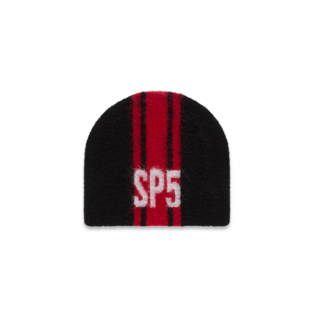 Black mohair knit RALLY BEANIE with red vertical stripes and a white "SP5" logo.