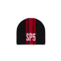Black mohair knit RALLY BEANIE with red vertical stripes and a white "SP5" logo.