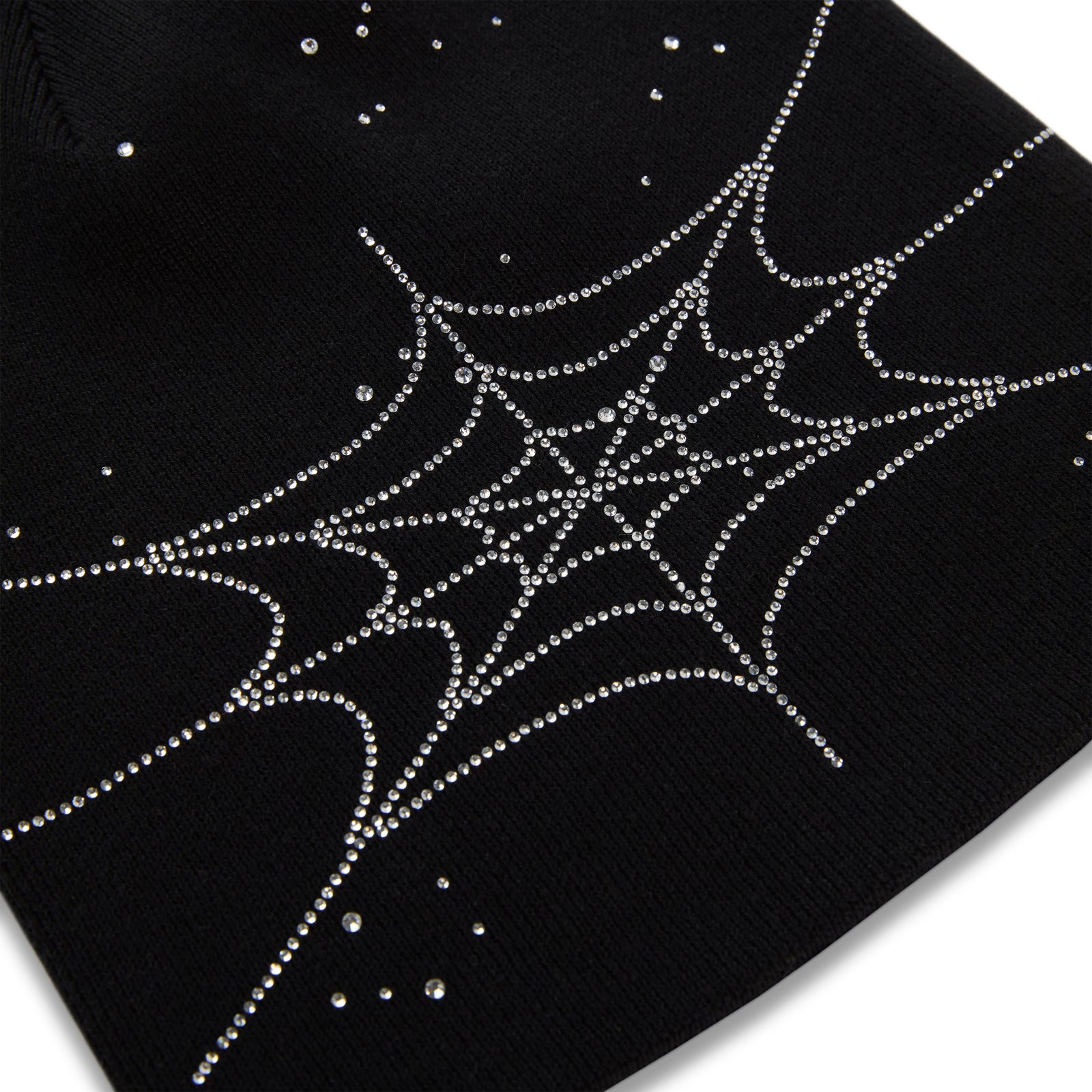 Black acrylic beanie with a rhinestone spiderweb design and scattered rhinestones.