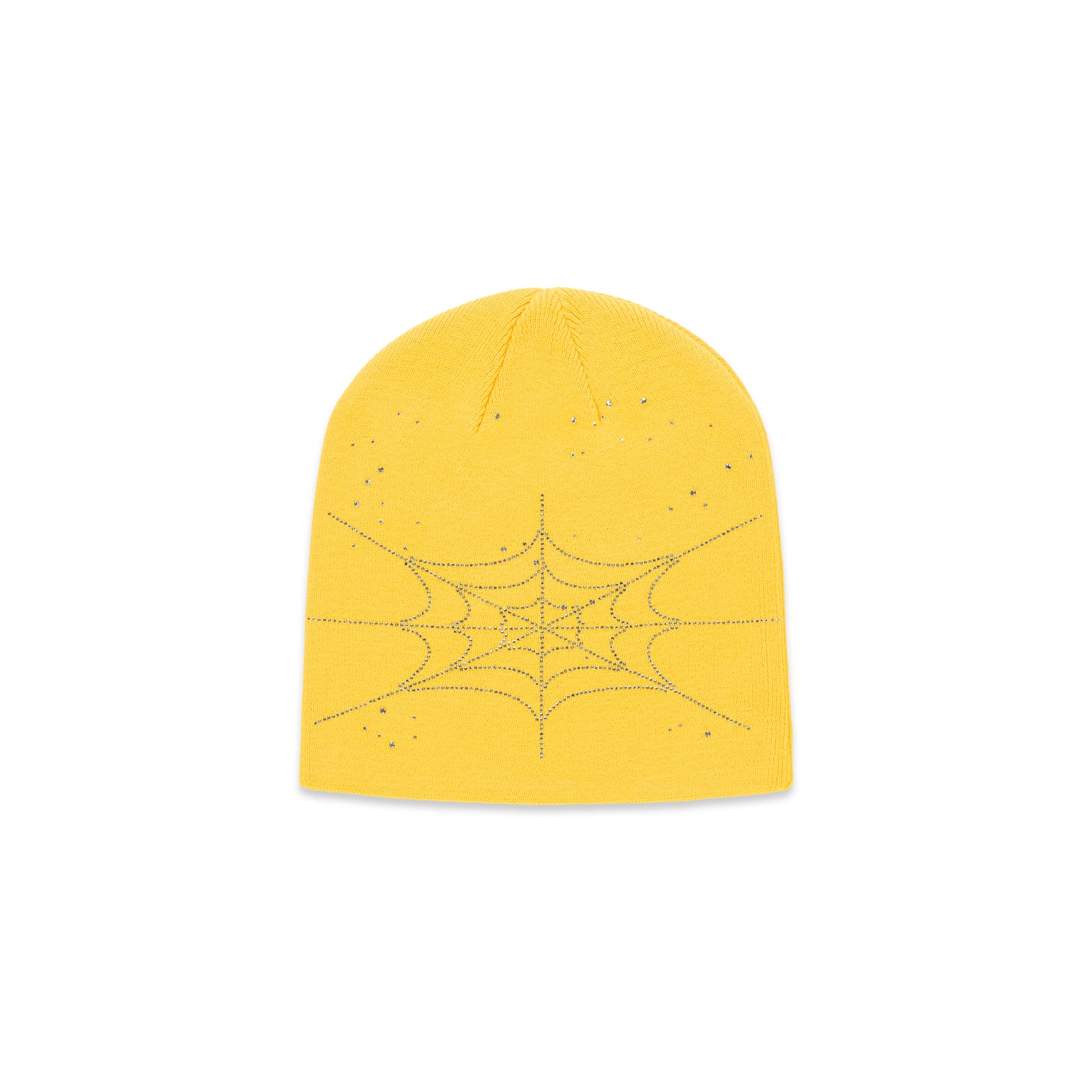 Yellow acrylic beanie with a rhinestone spiderweb design.