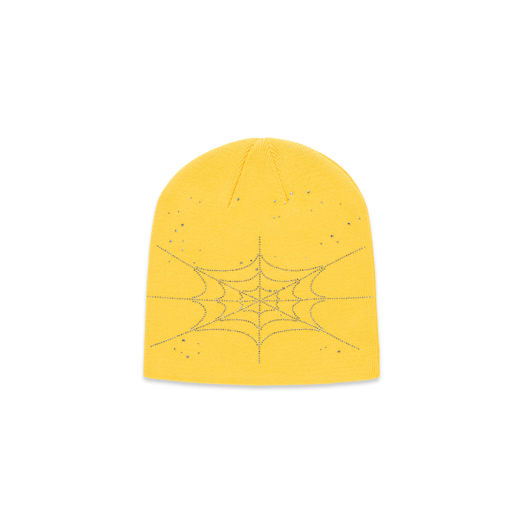 Yellow acrylic beanie with a rhinestone spiderweb design.
