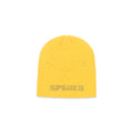 Yellow acrylic beanie with rhinestone skull and "SPOILER" text design.