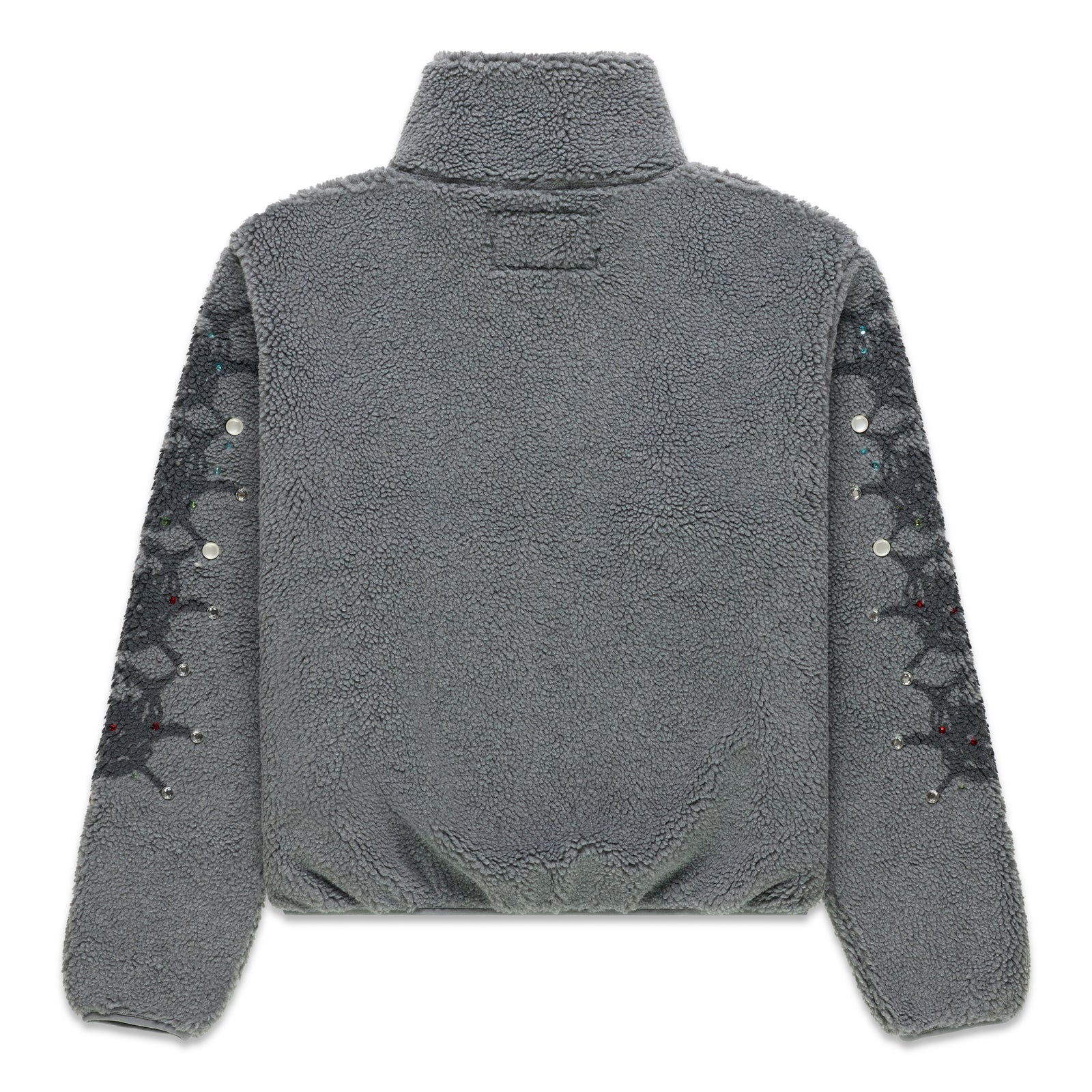 Gray sherpa fleece zip-up jacket with stand collar, web print, and rhinestone sleeves.