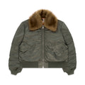 Olive green nylon bomber jacket with a brown faux fur collar, front zip, and flap pockets.