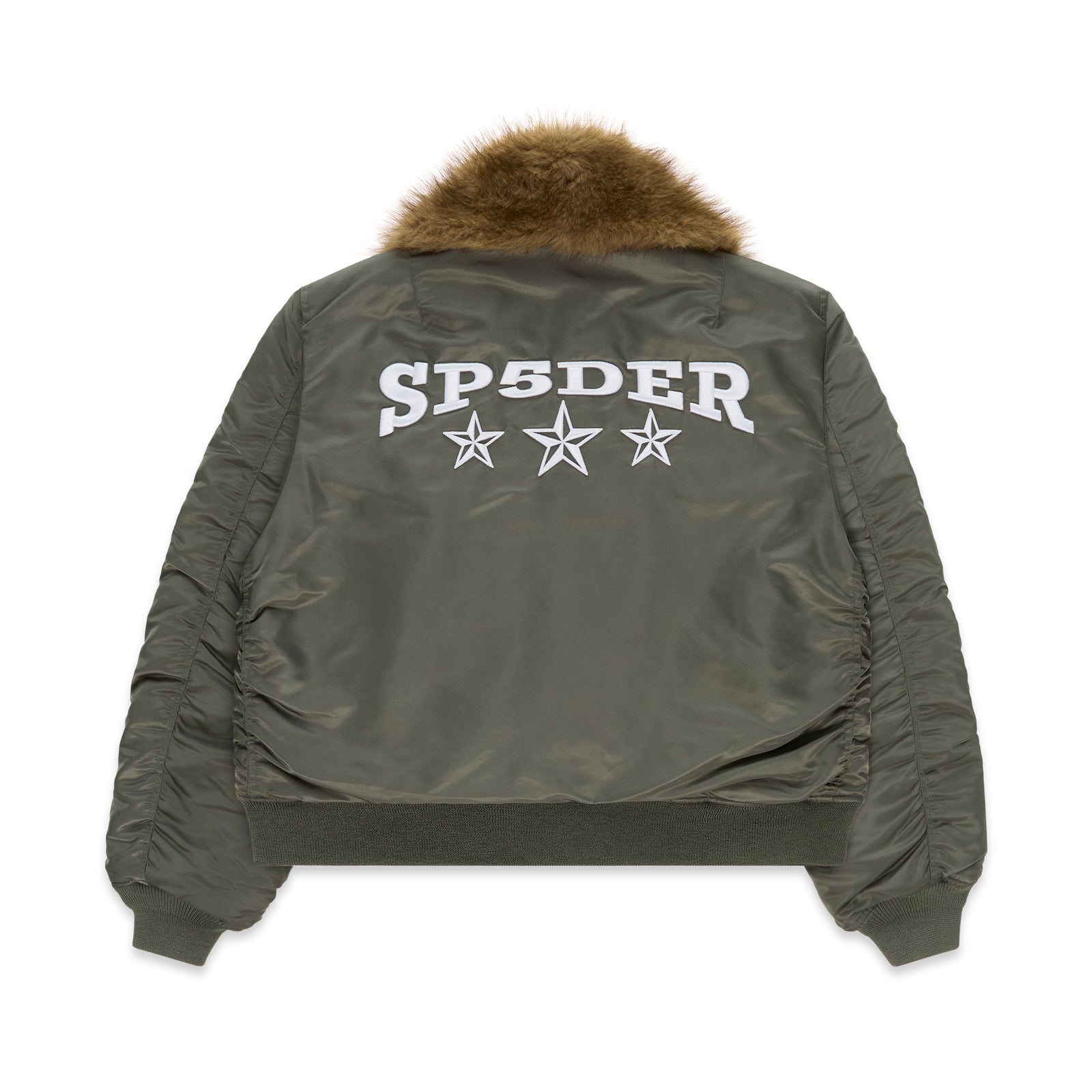 Olive nylon bomber jacket with brown faux fur collar and white "SP5DER" graphic with stars on back.