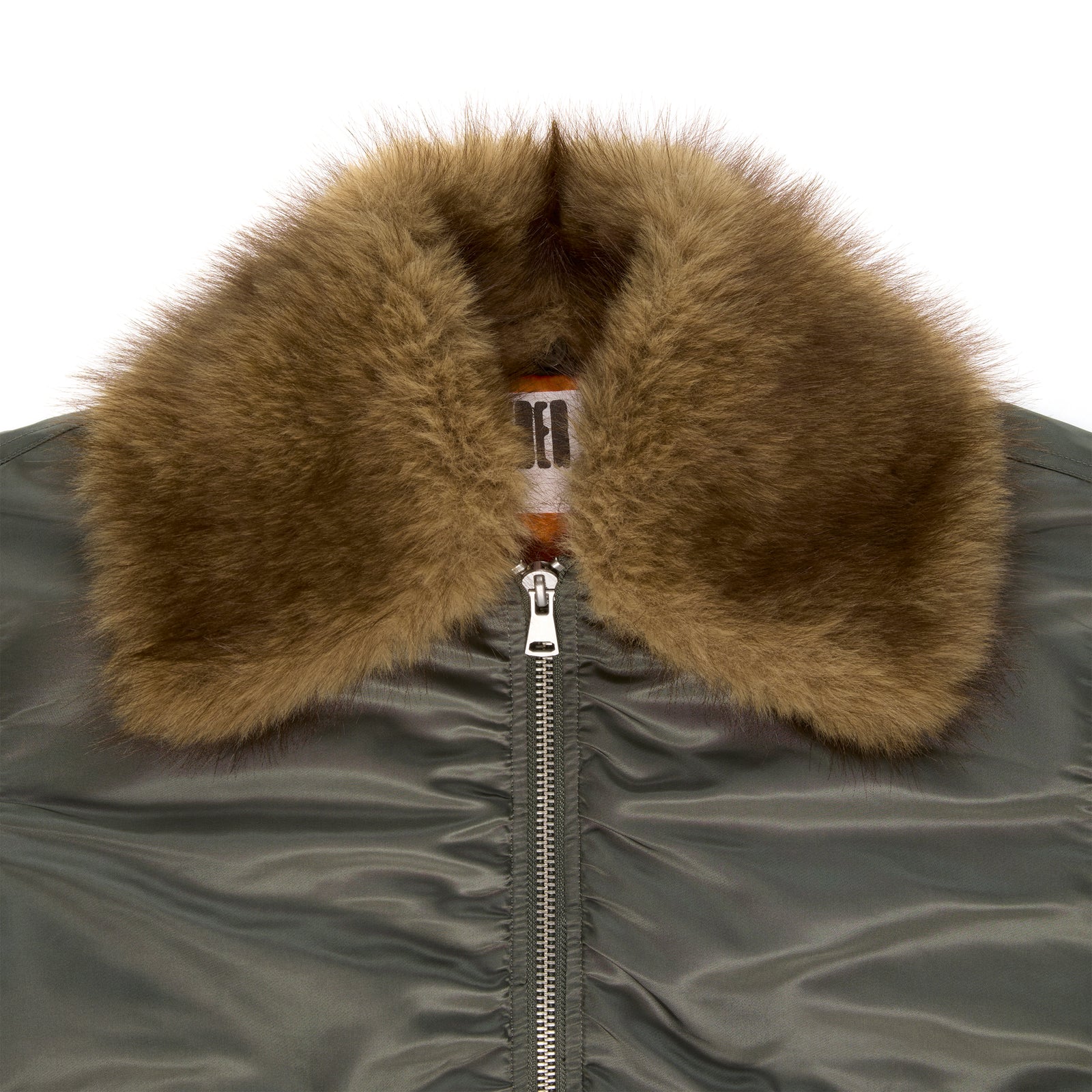 Olive green nylon bomber jacket with a detachable brown faux fur collar and silver zipper.