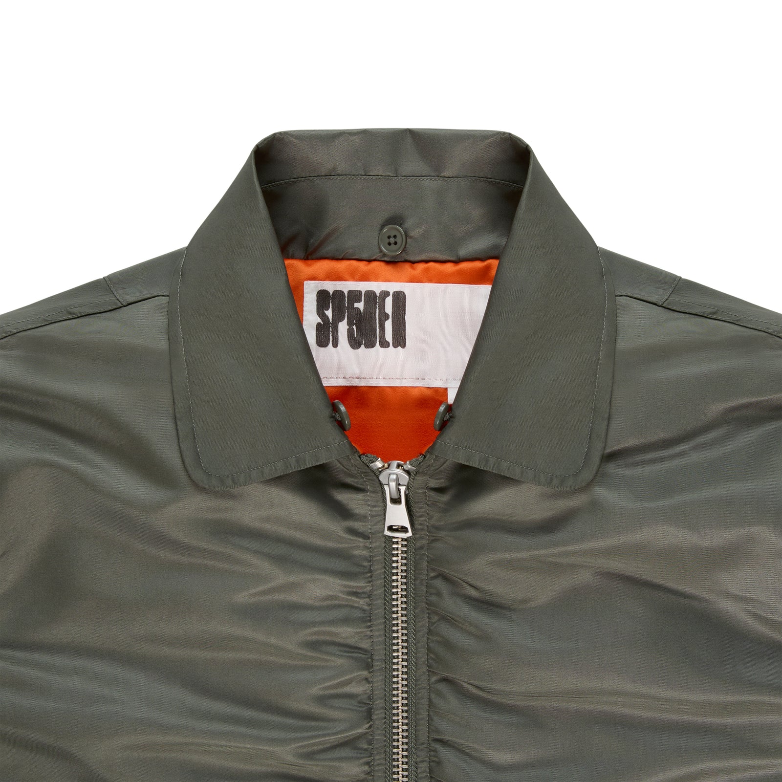 Olive green nylon bomber jacket with orange lining, silver zipper, and SP5DER neck label.