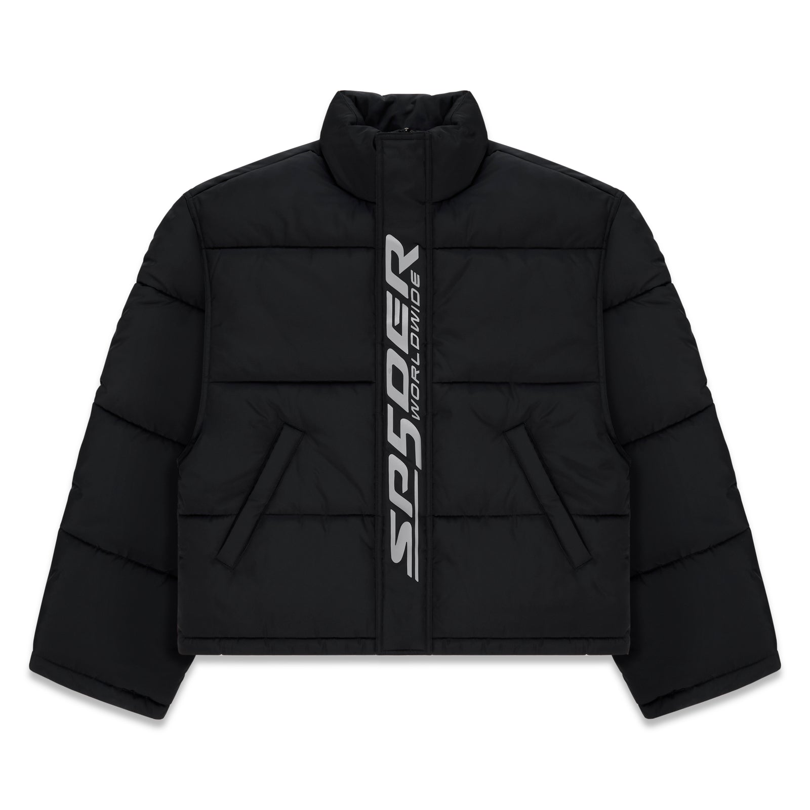 Black TRACKHAWK PUFFER JACKET with reflective "SP5DER WORLDWIDE" text along the front zip.