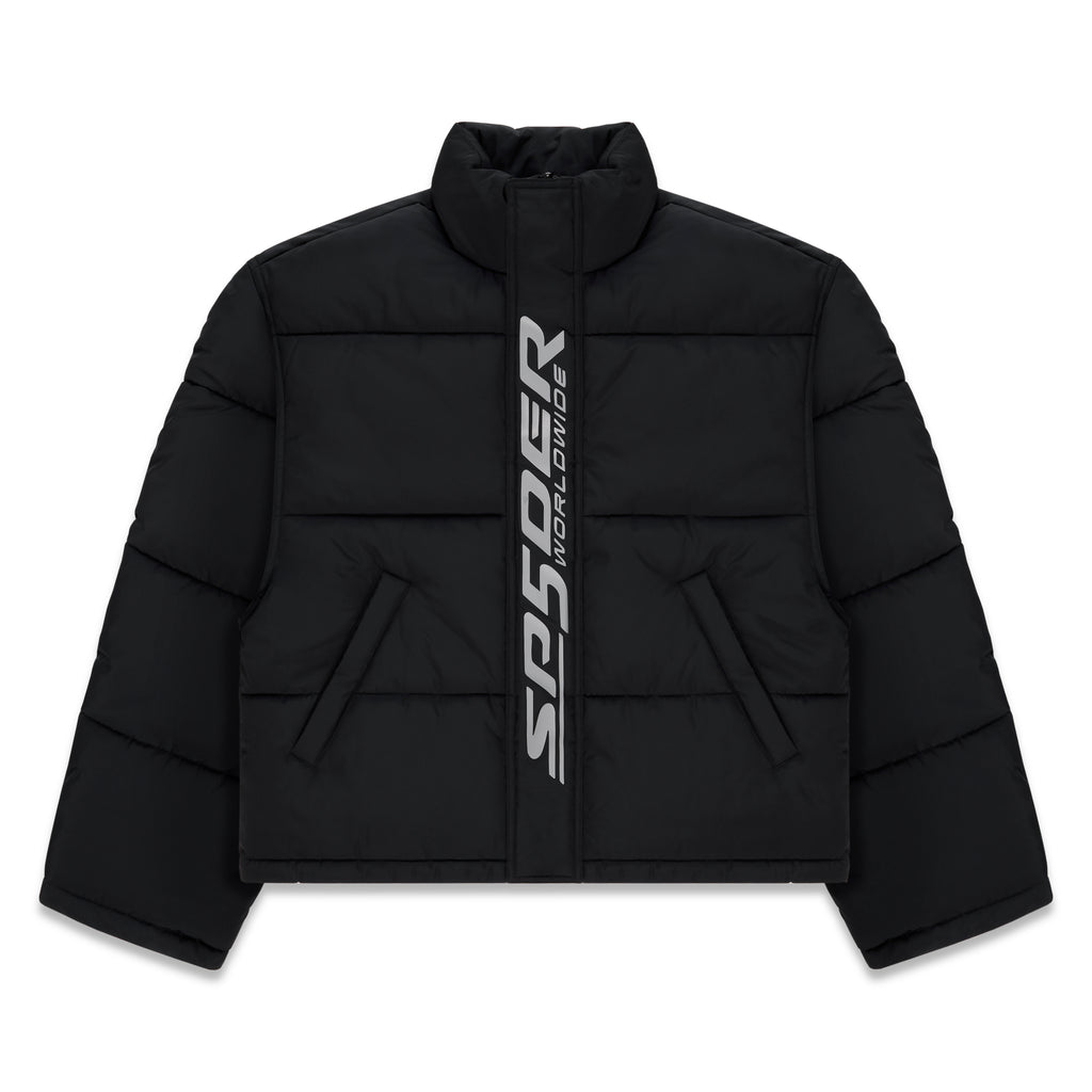 Black TRACKHAWK PUFFER JACKET with reflective "SP5DER WORLDWIDE" text along the front zip.