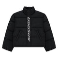 Black TRACKHAWK PUFFER JACKET with reflective "SP5DER WORLDWIDE" text along the front zip.