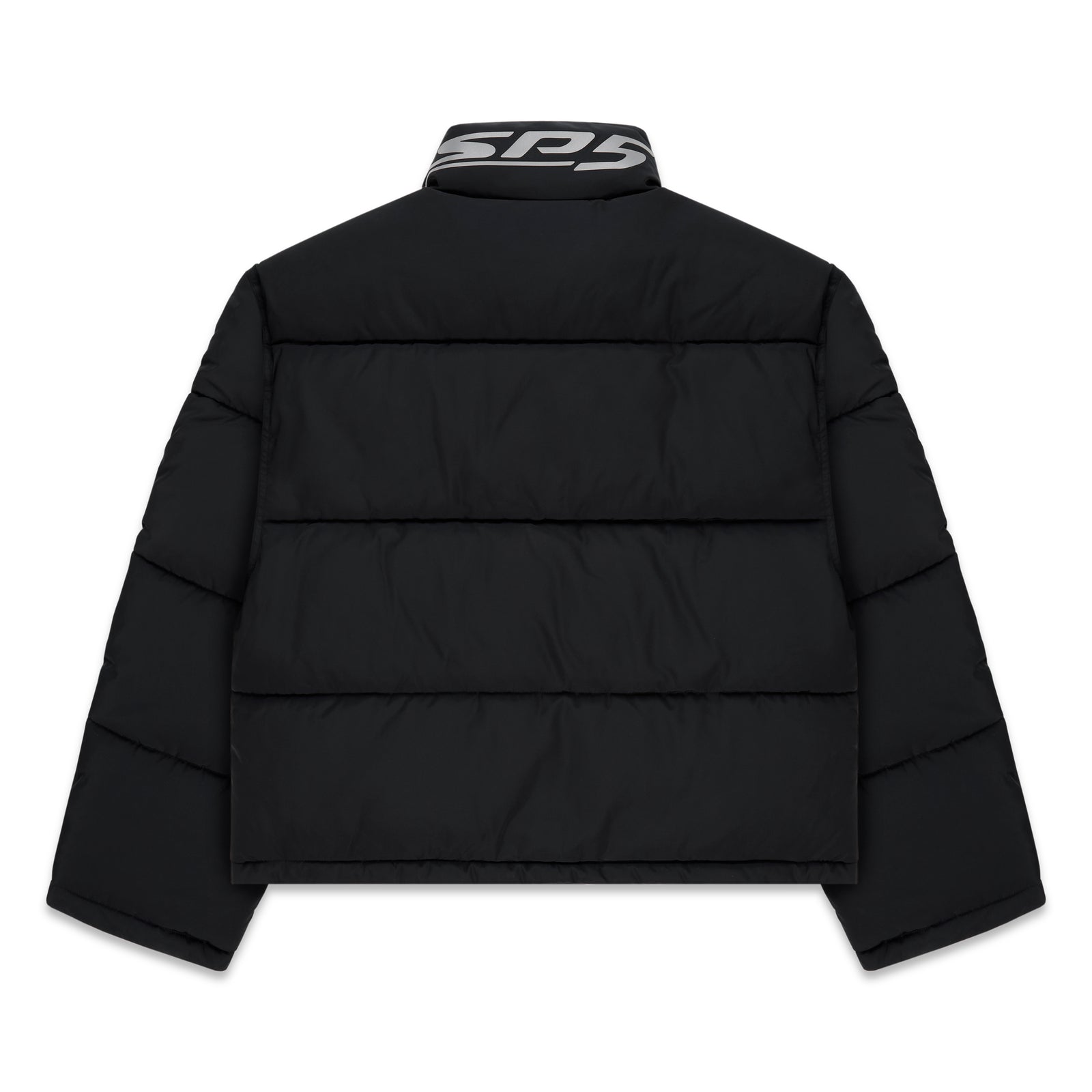 Black poly-fill puffer jacket with reflective "SPS" graphic on the back neck collar.