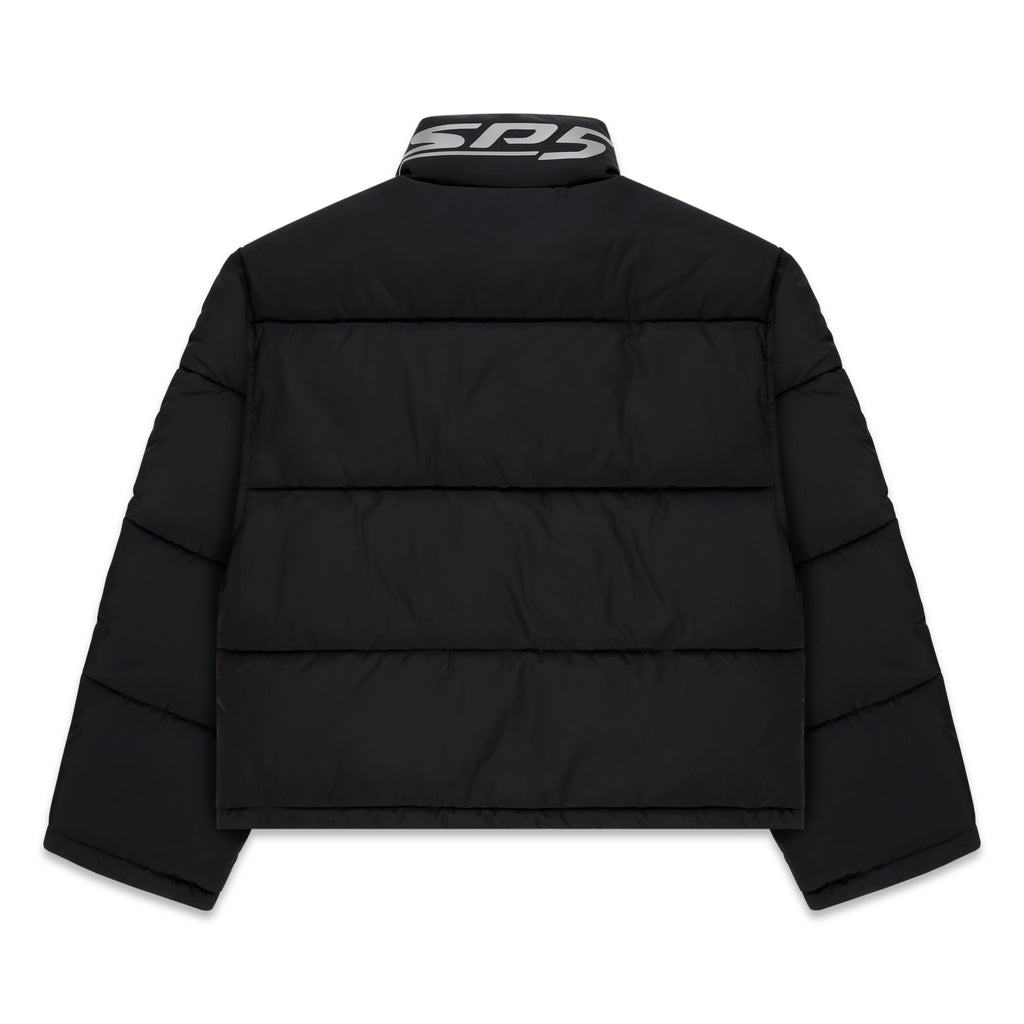 Black poly-fill puffer jacket with reflective "SPS" graphic on the back neck collar.