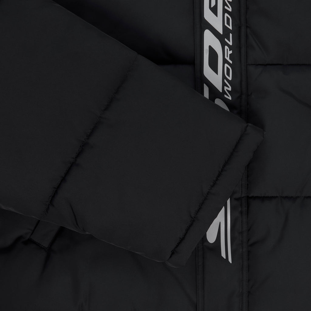 Black poly-fill puffer jacket with reflective "WORLDWIDE" text graphic along the front zip.