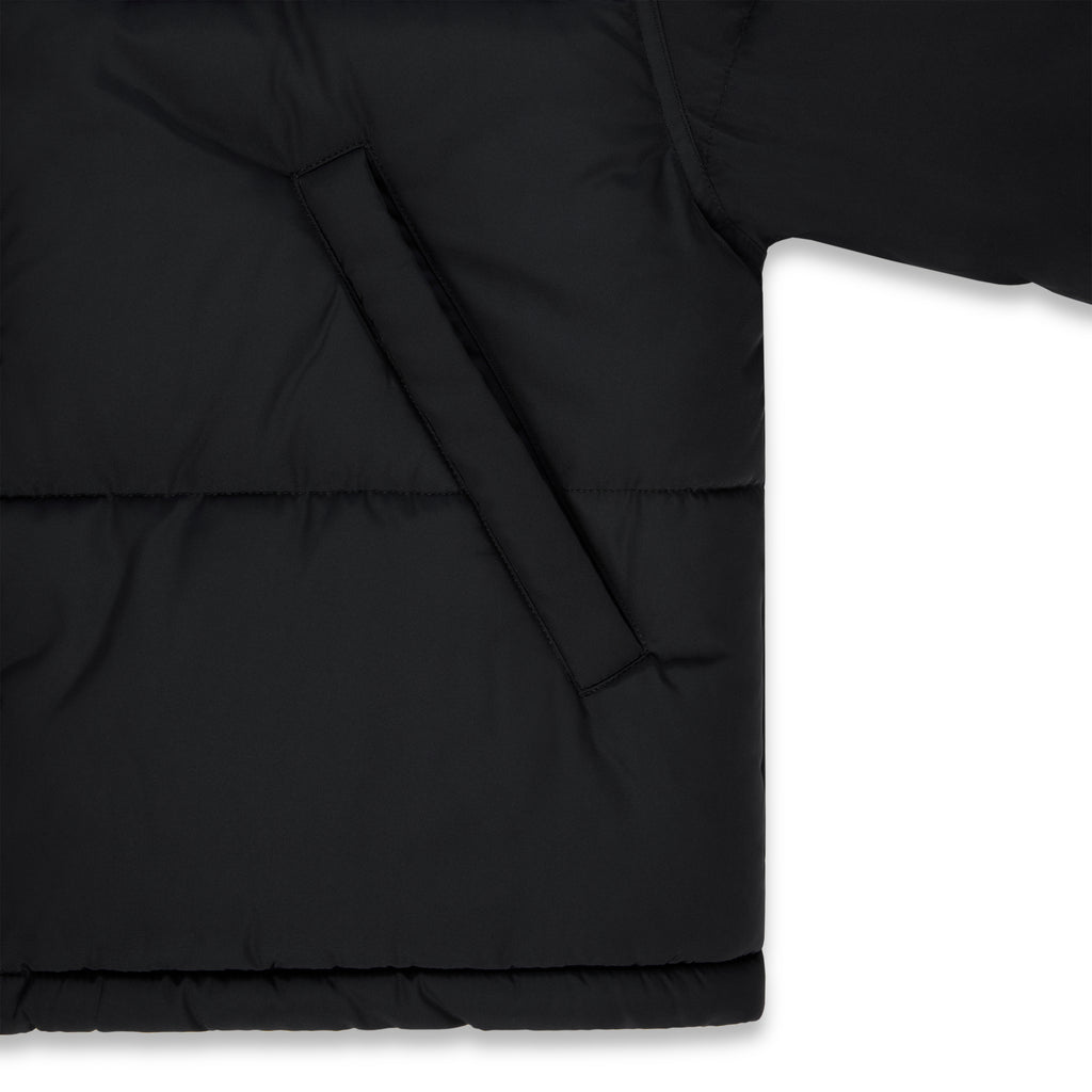 Black poly-fill puffer jacket with side pocket detail and adjustable hem.