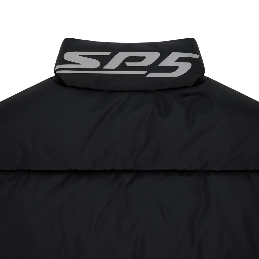Black TRACKHAWK puffer jacket with reflective "SP5" graphic on the back neck collar.