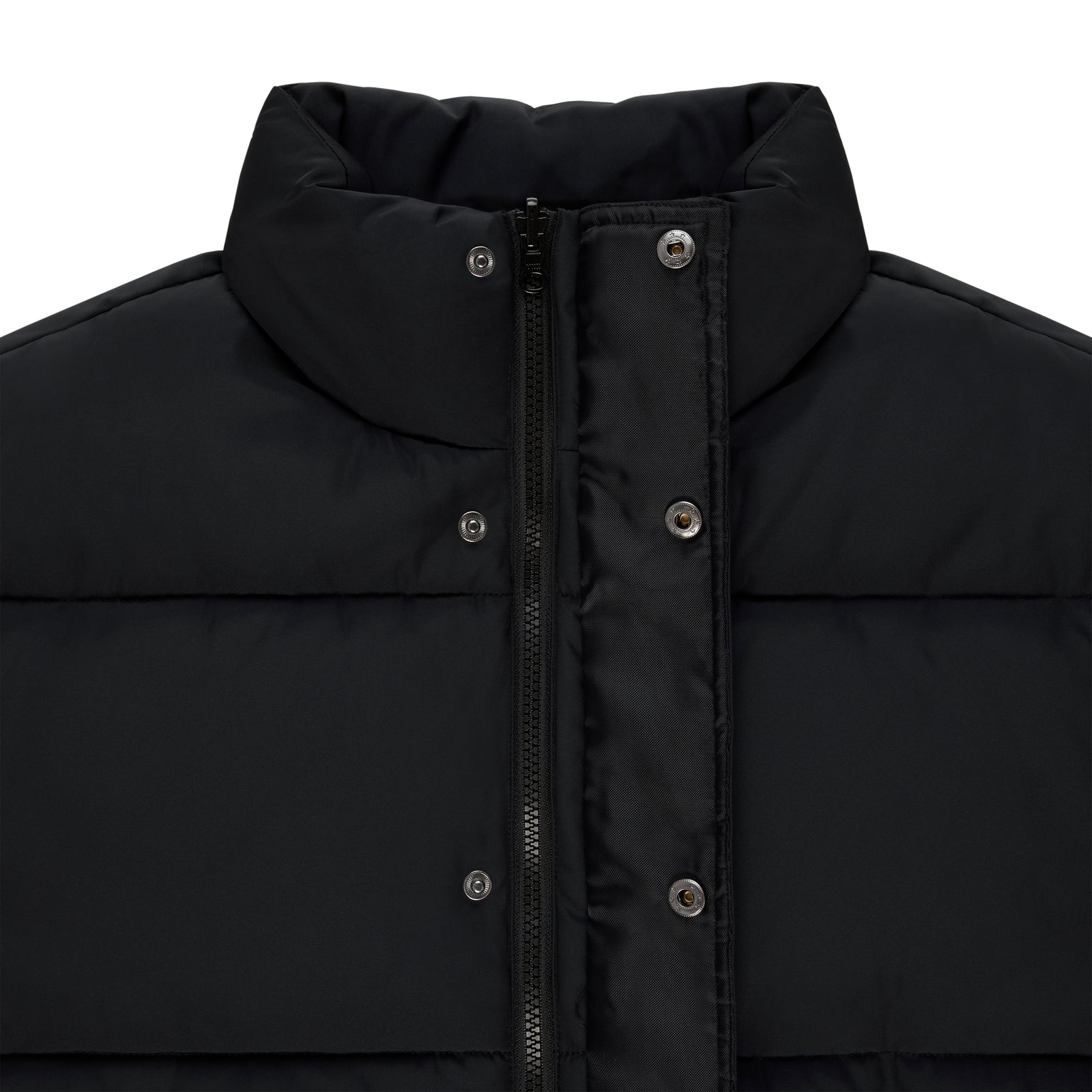 Black TRACKHAWK poly-fill puffer jacket with front zip, snap placket, and high collar.
