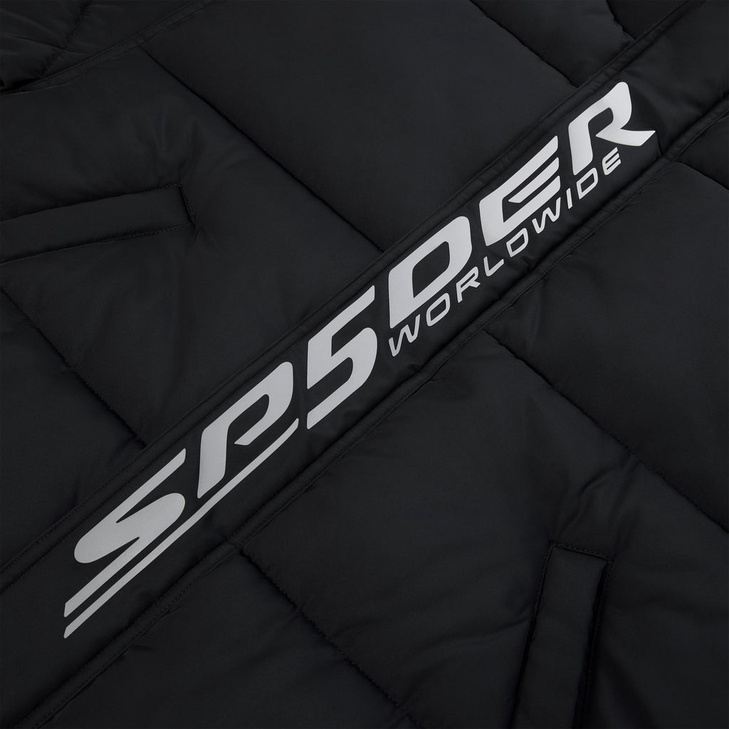 Black poly-fill puffer jacket with reflective "SP5DER WORLDWIDE" graphic along the front placket.