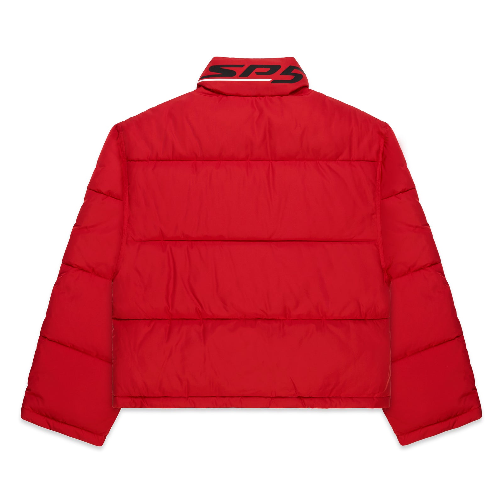 Red TRACKHAWK puffer jacket with black and white reflective graphic at back neck collar.