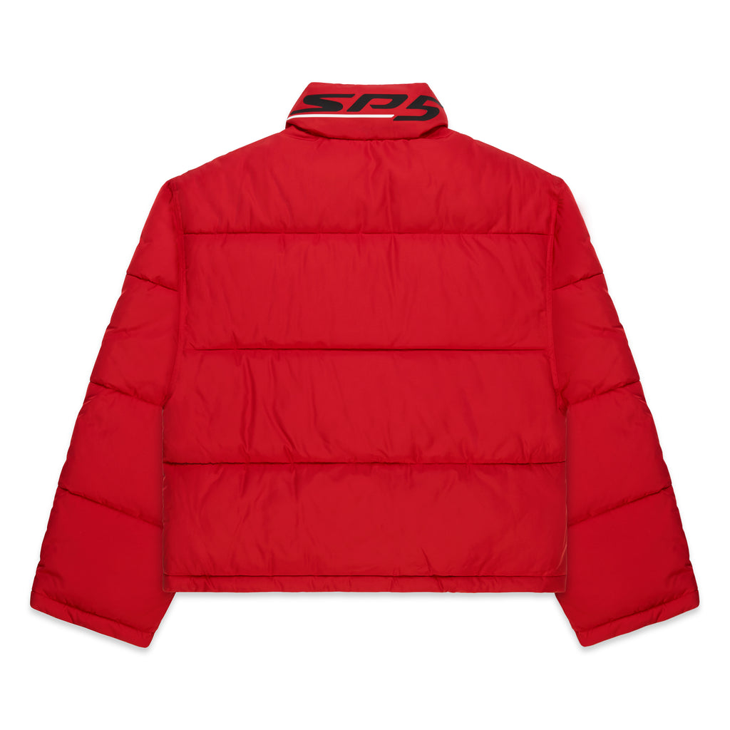 Red TRACKHAWK puffer jacket with black and white reflective graphic at back neck collar.