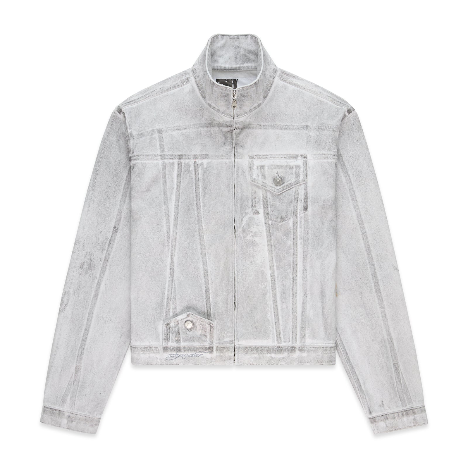Platinum Trucker Jacket: Spray-effect gray denim with zip closure, chest pocket, and "SP5DER" logo.
