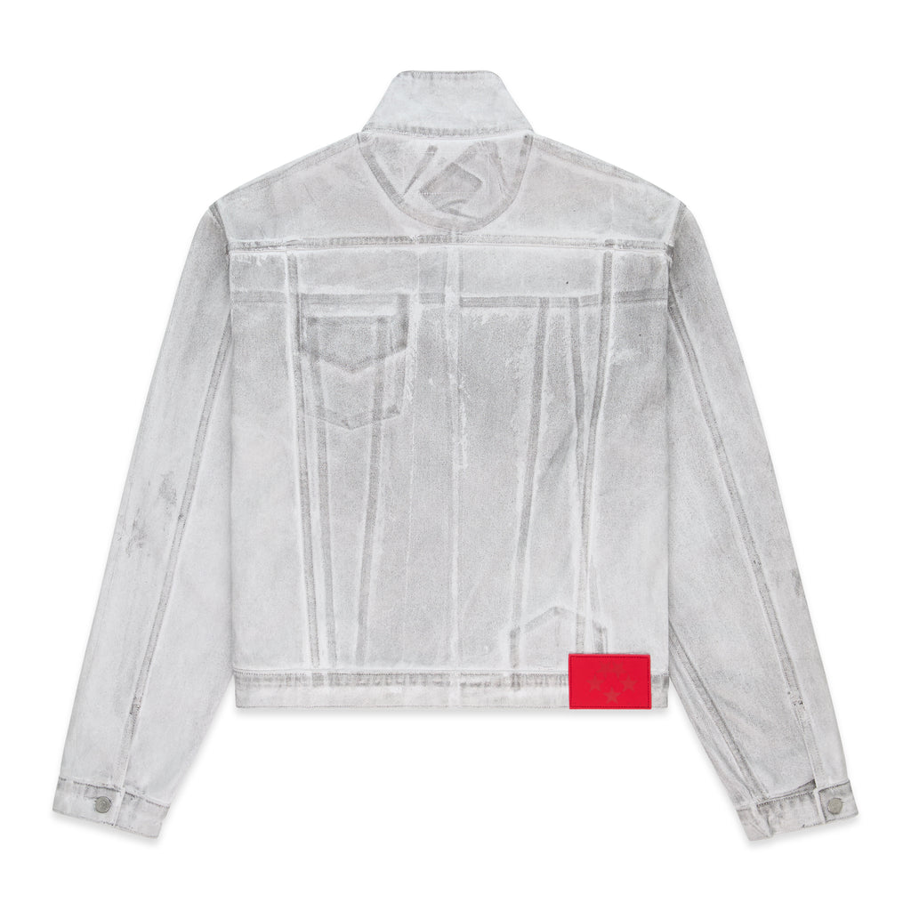 Platinum Trucker Jacket: Spray-effect grey denim with contrast seams, chest pocket, and red branded patch.