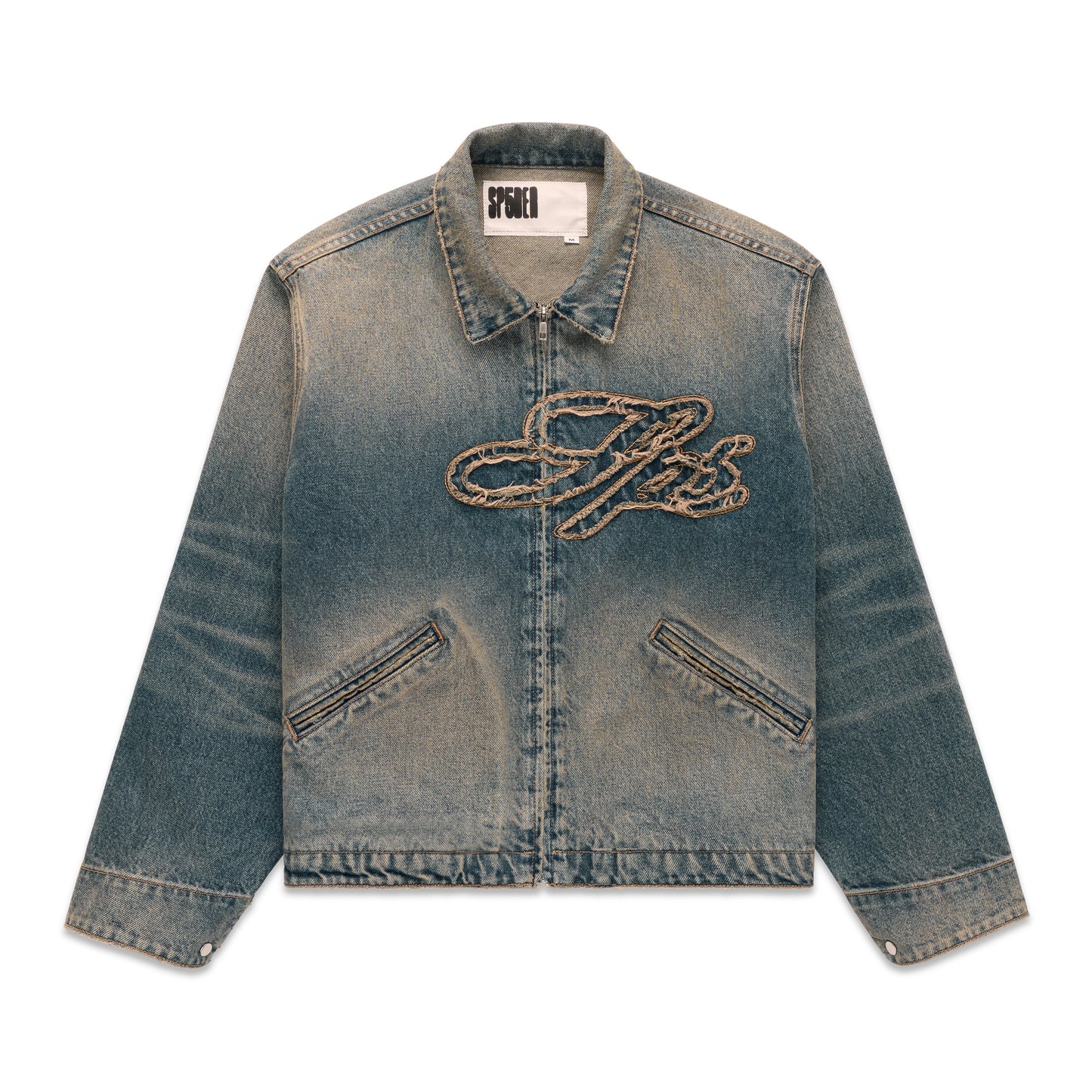 Washed blue denim work jacket with a full zip closure and large script logo embroidery.