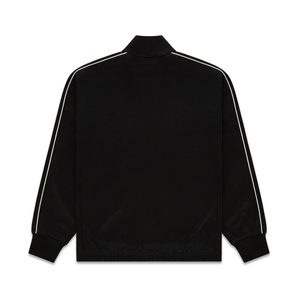 Black polyester Atlanta Track Jacket with contrasting white piping on sleeves.