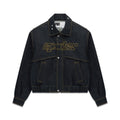 Dark wash denim jacket with yellow contrast stitching, embroidered script logo, and silver hardware.