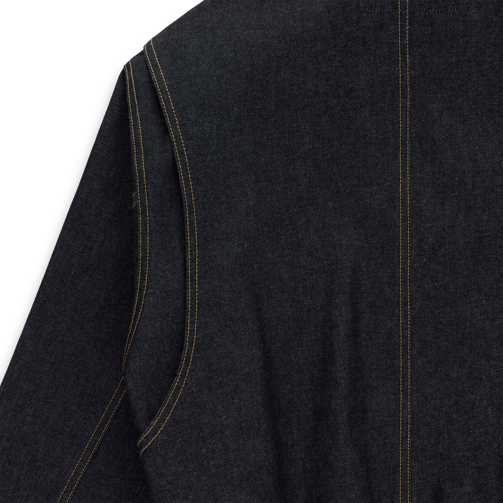 Dark wash denim jacket with contrast yellow stitching and an angled front welt pocket.