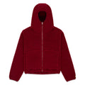 Red teddy sherpa fleece zip-up hooded jacket with welt pockets and rubberized logo patch.