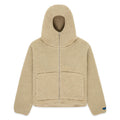Beige sherpa fleece zip-up hooded jacket with narrow front opening, welt pockets, and rubberized logo patch.