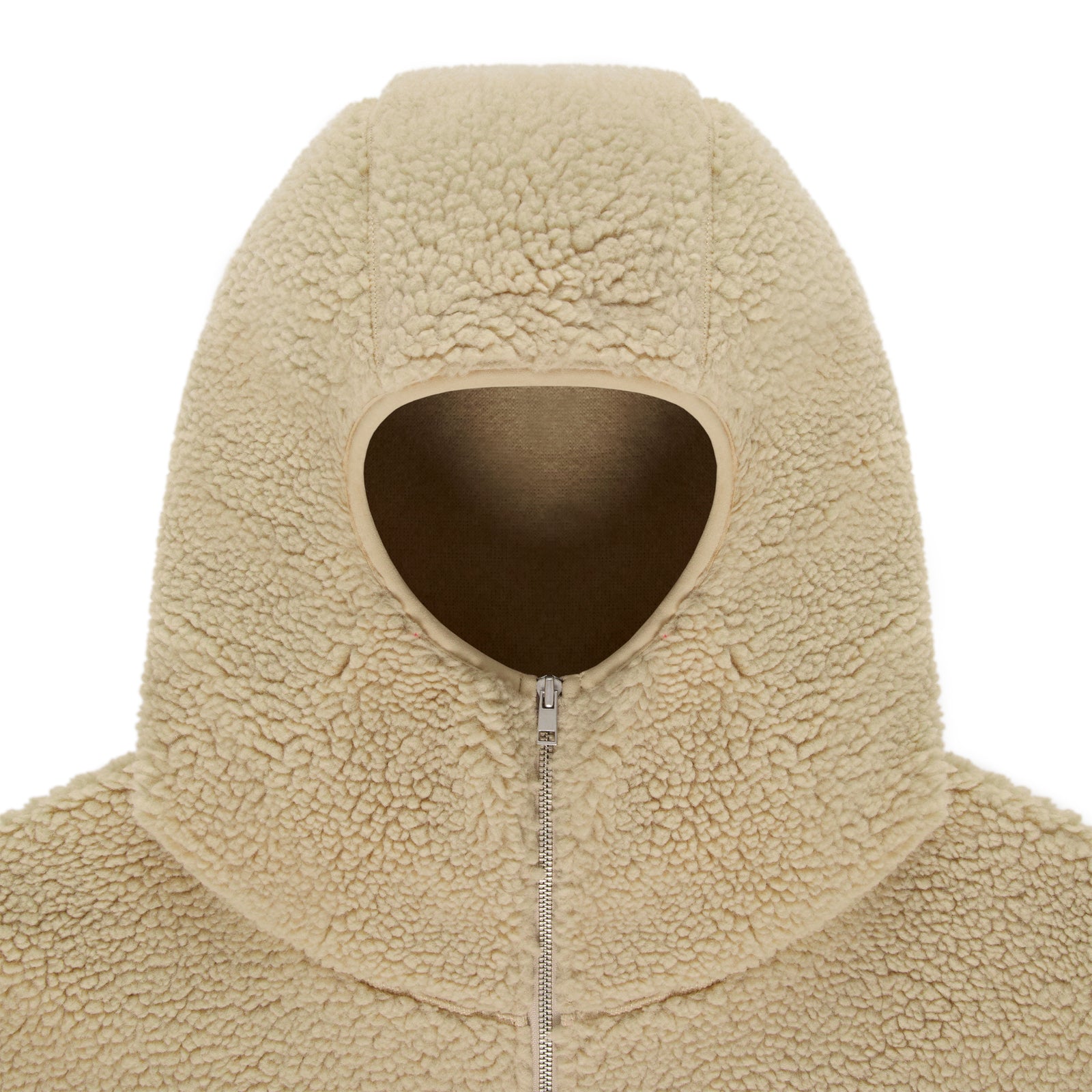 Beige sherpa fleece hooded jacket with a narrow front opening and zip closure.