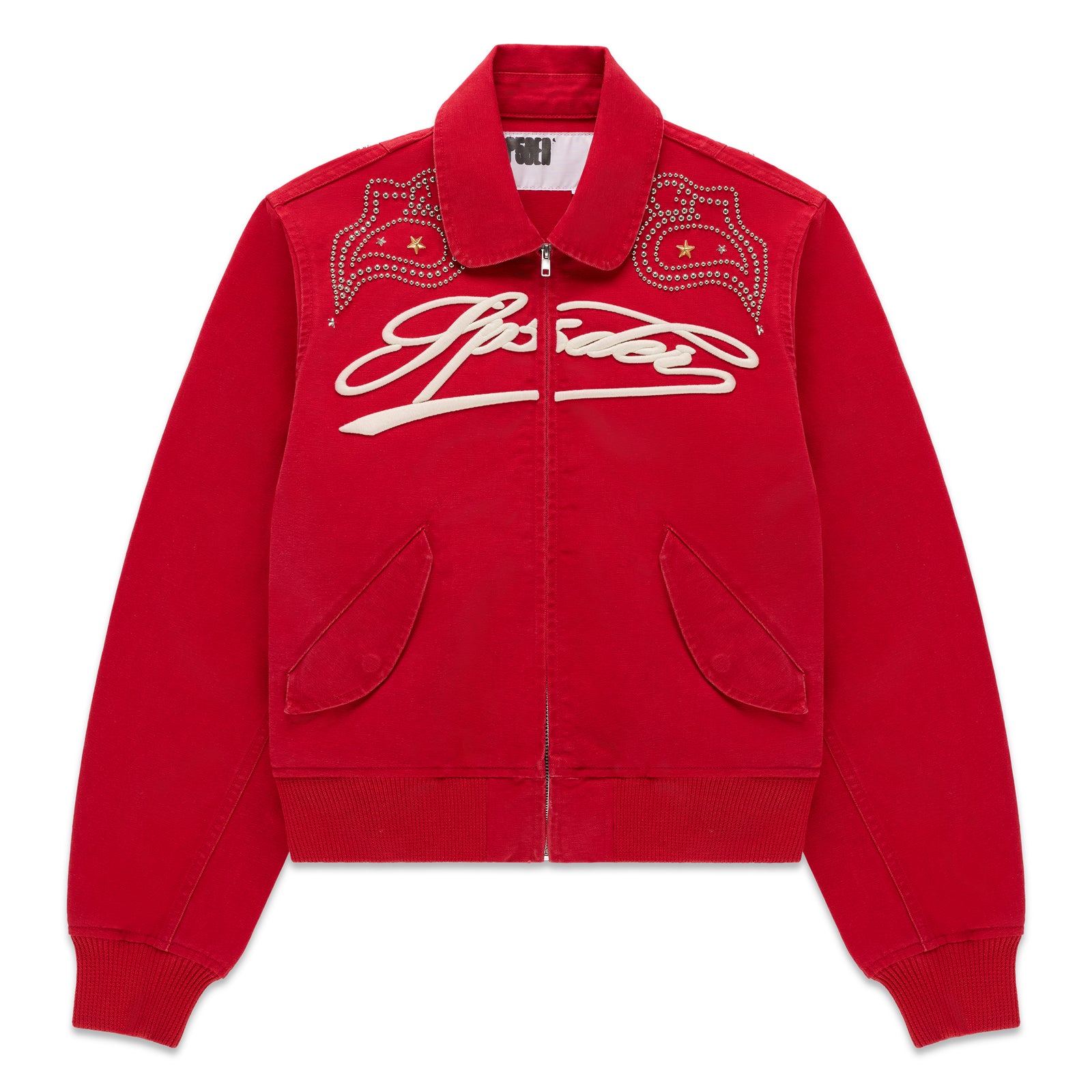 Red cotton canvas bomber jacket with embroidered script text, studded shoulders, and flap pockets.