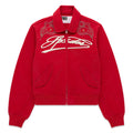 Red cotton canvas bomber jacket with embroidered script text, studded shoulders, and flap pockets.