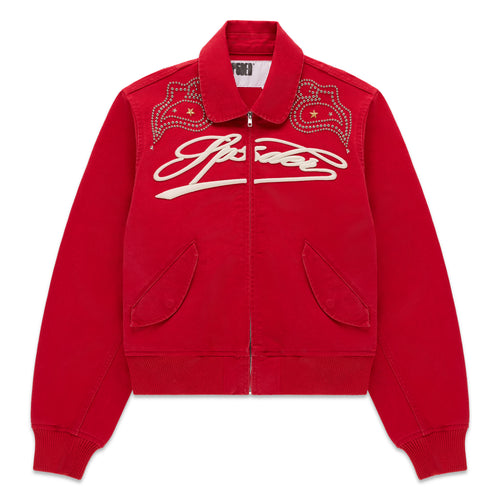 Red cotton canvas bomber jacket with embroidered script text, studded shoulders, and flap pockets.