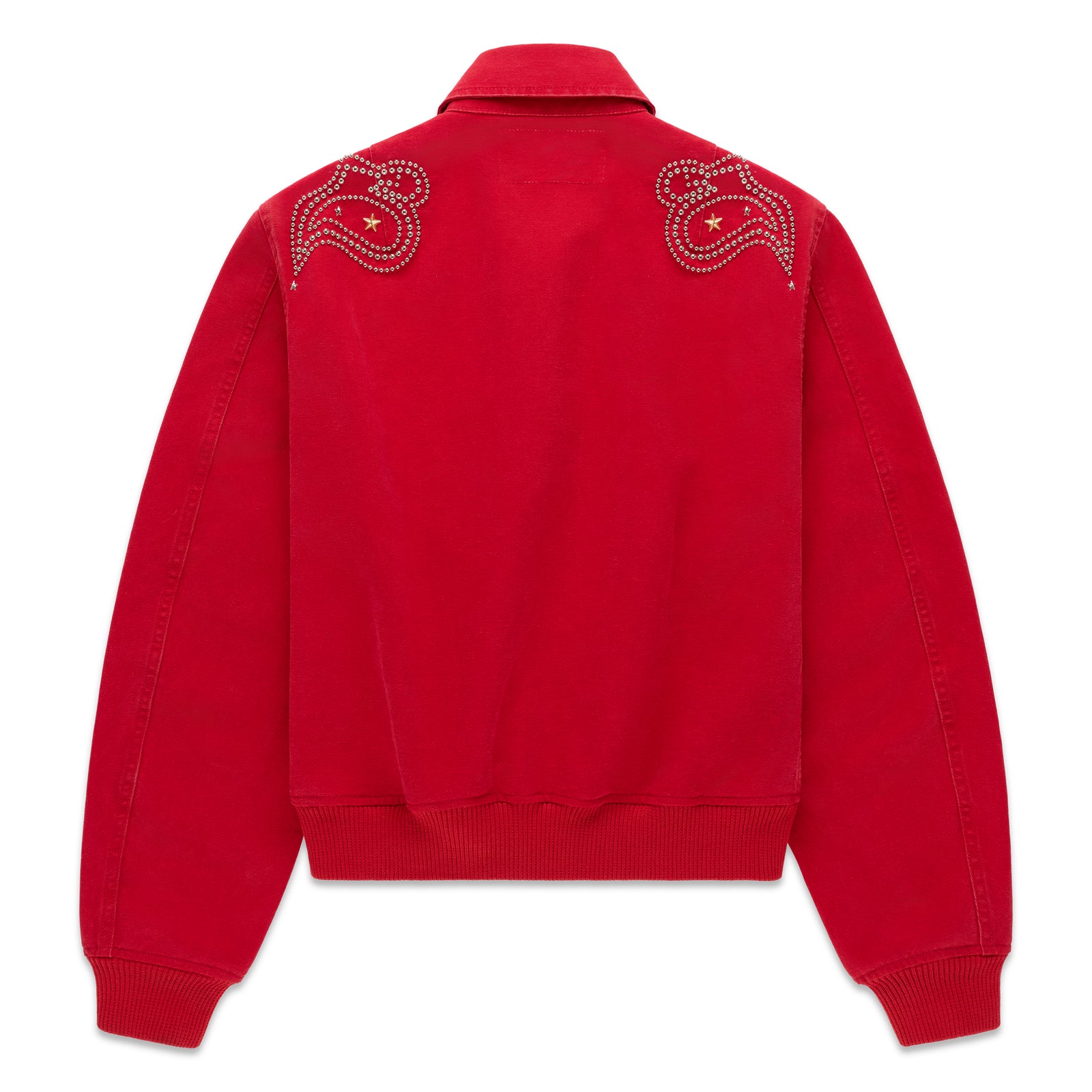 Red cotton canvas bomber jacket with studded shoulder detailing and star accents.