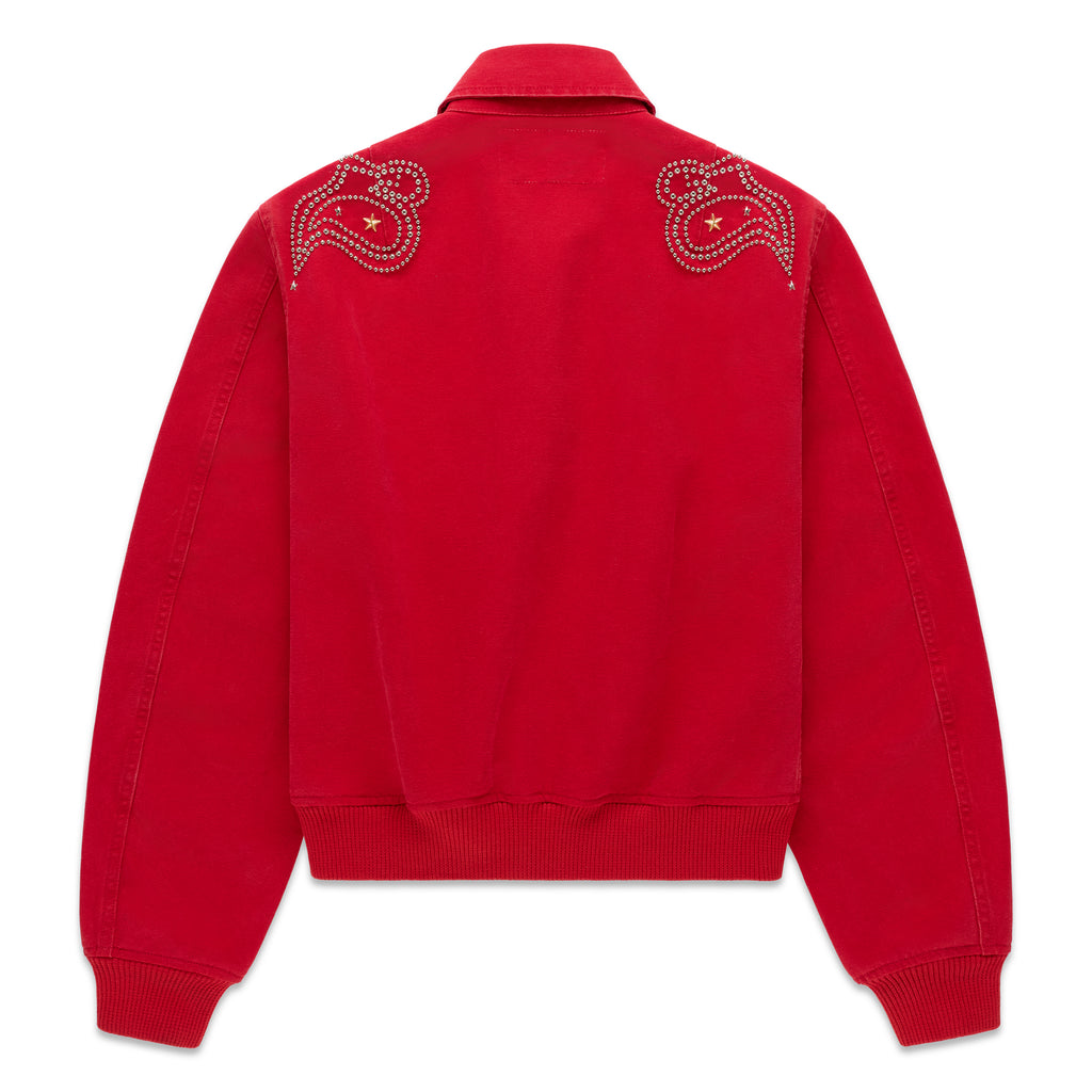 Red cotton canvas bomber jacket with studded shoulder detailing and star accents.