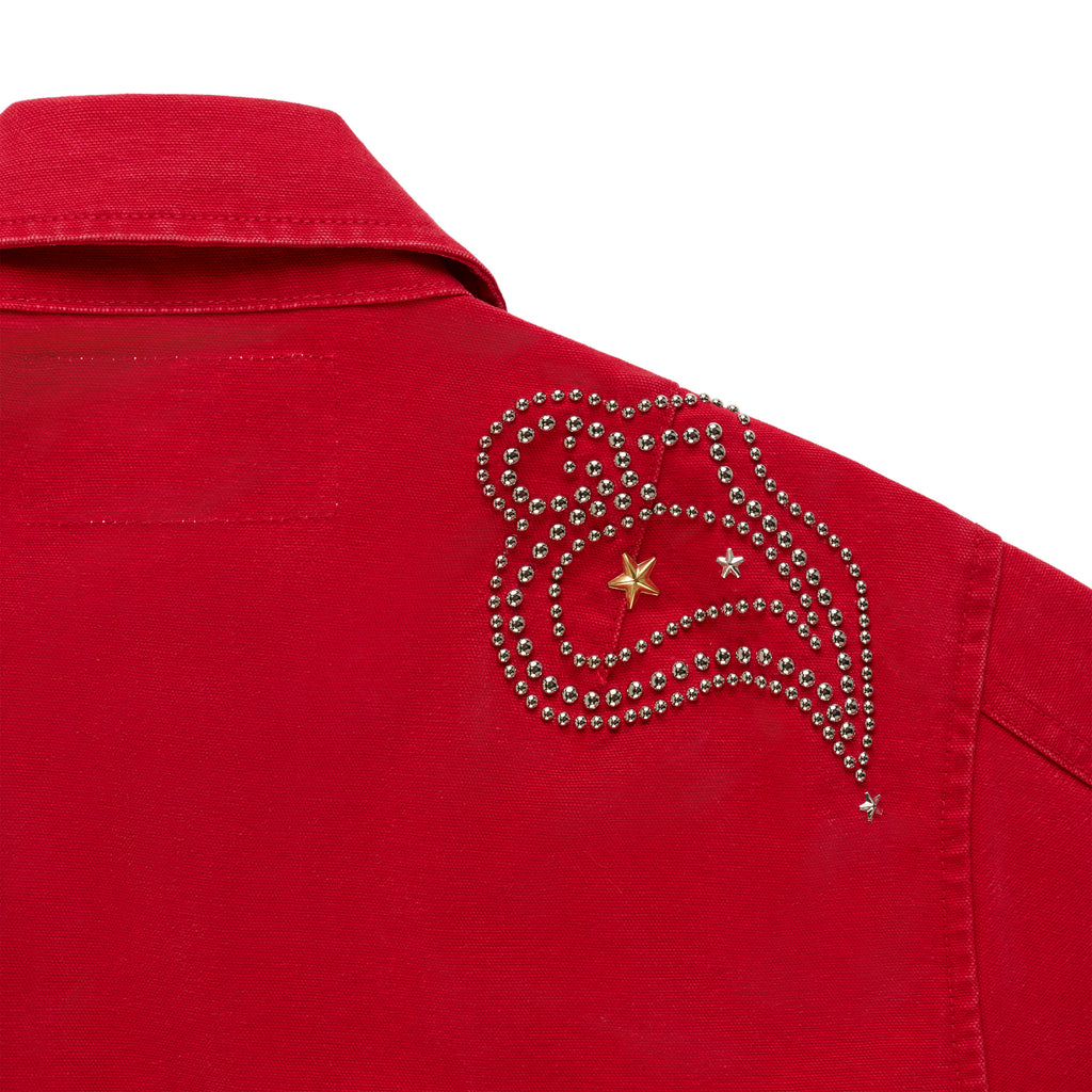 Red cotton canvas bomber jacket with silver studded shoulder detailing and gold stars.