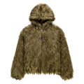 Brown faux fur hooded jacket with zip closure and two pockets.
