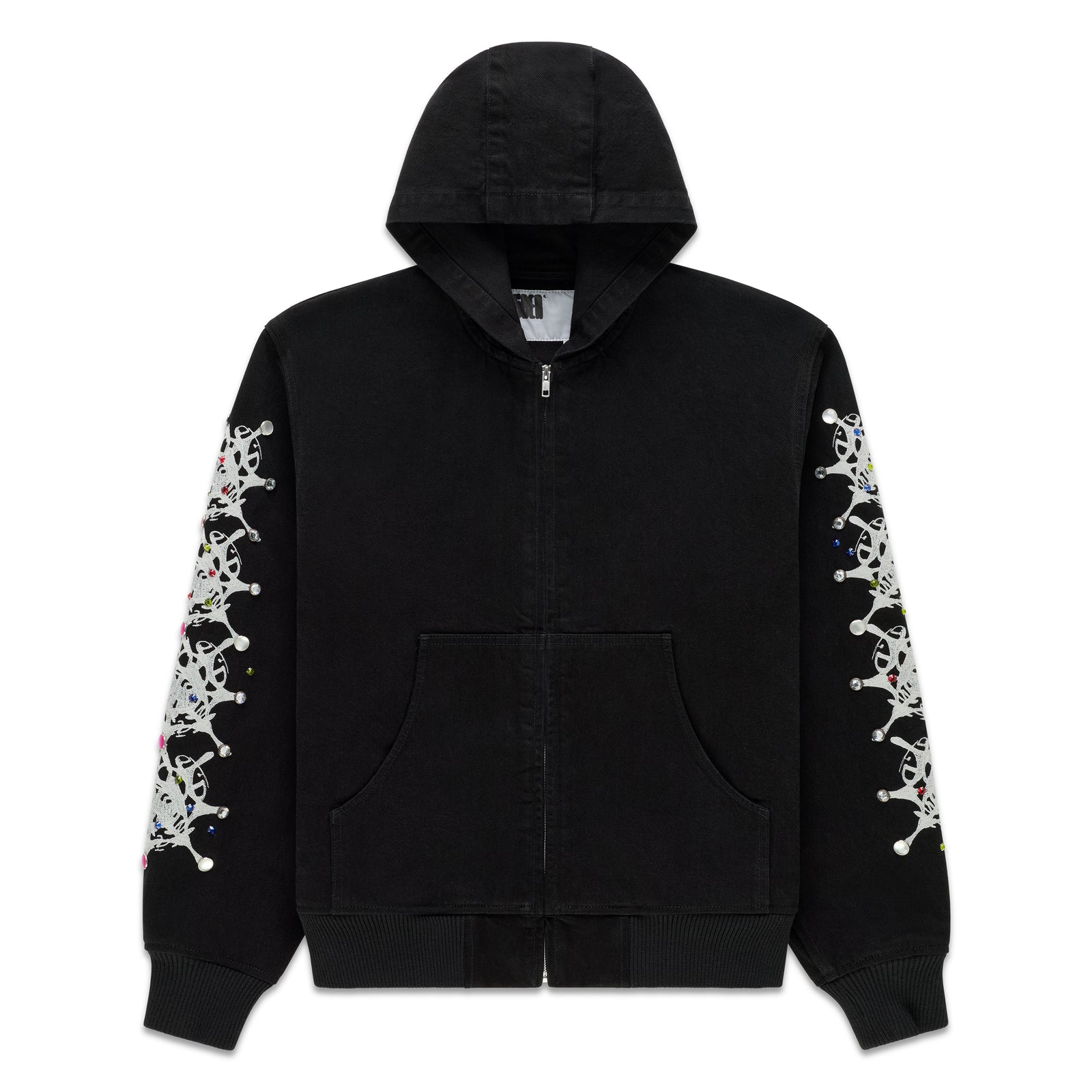 Black denim hooded jacket with faded wash, web print, and rhinestone sleeves.