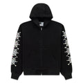 Black denim hooded jacket with faded wash, web print, and rhinestone sleeves.