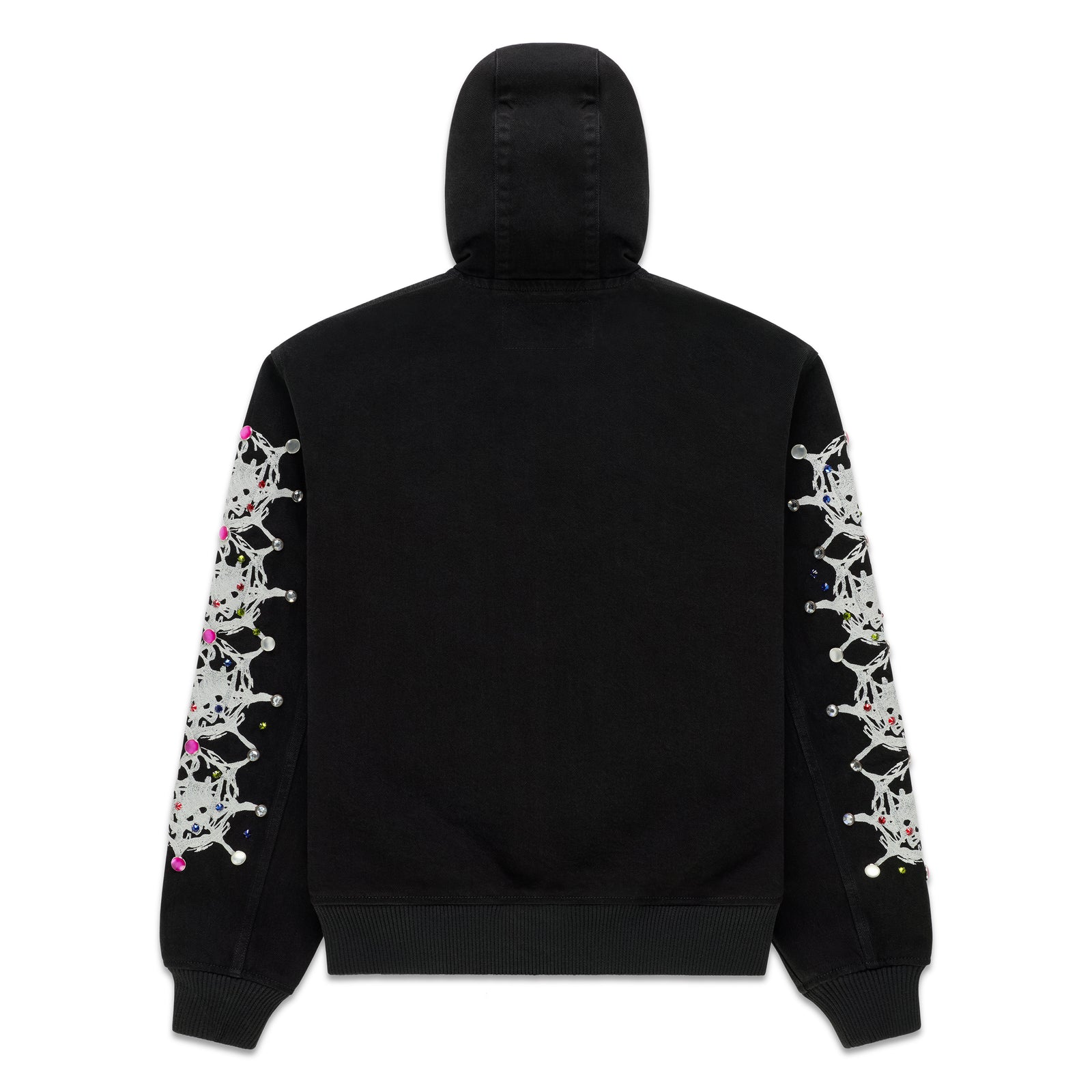 Black cotton canvas hooded jacket with web print and rhinestone embellishments on sleeves.