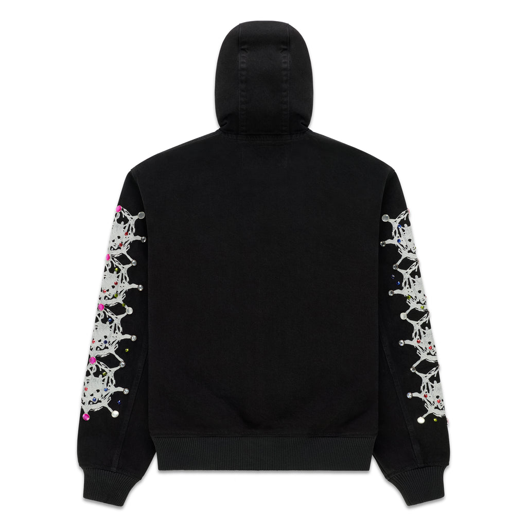 Black cotton canvas hooded jacket with web print and rhinestone embellishments on sleeves.
