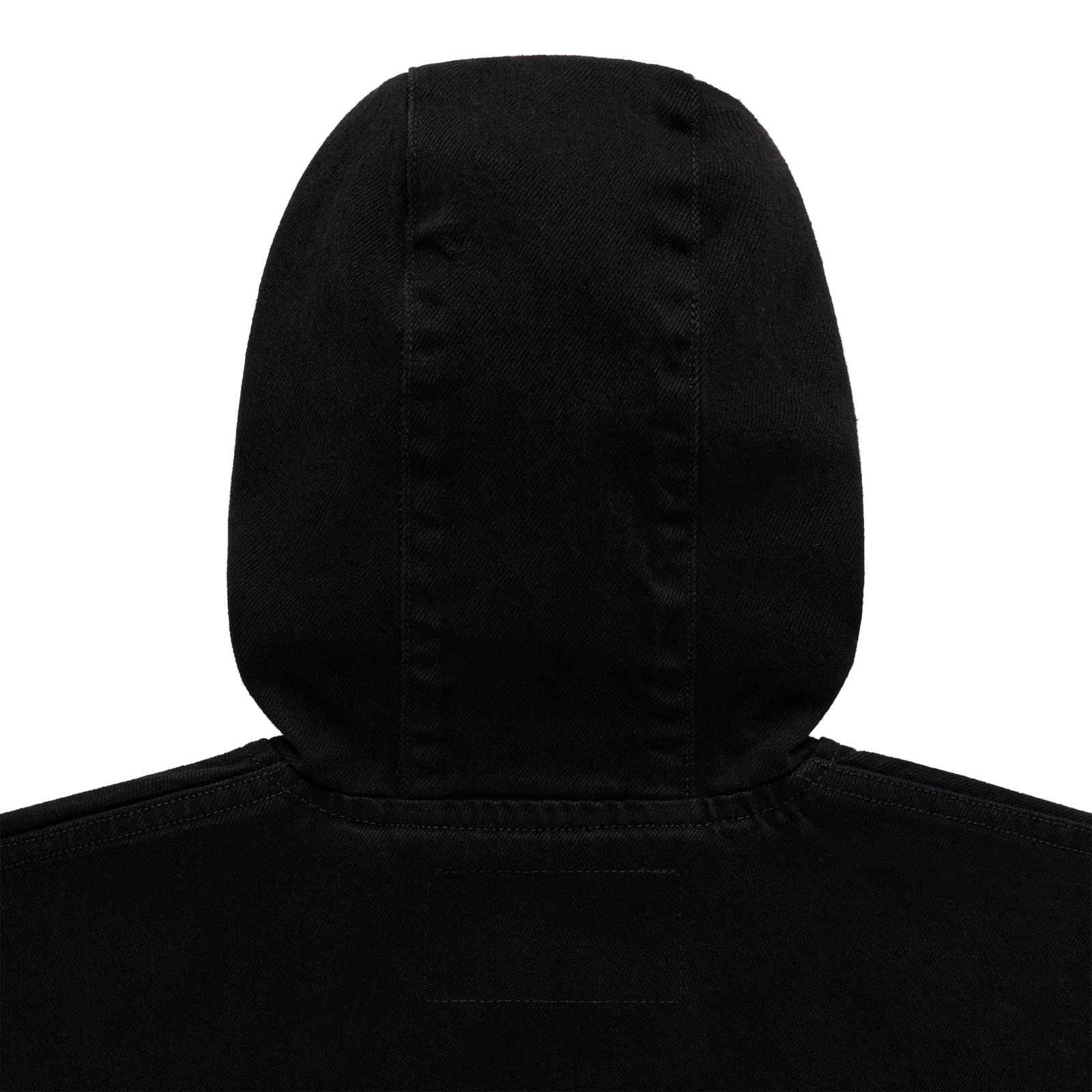 Black cotton canvas hooded denim jacket, back view.