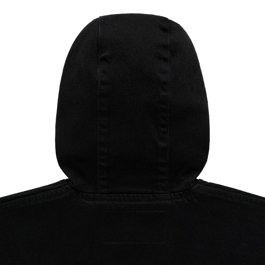 Black cotton canvas hooded denim jacket, back view.