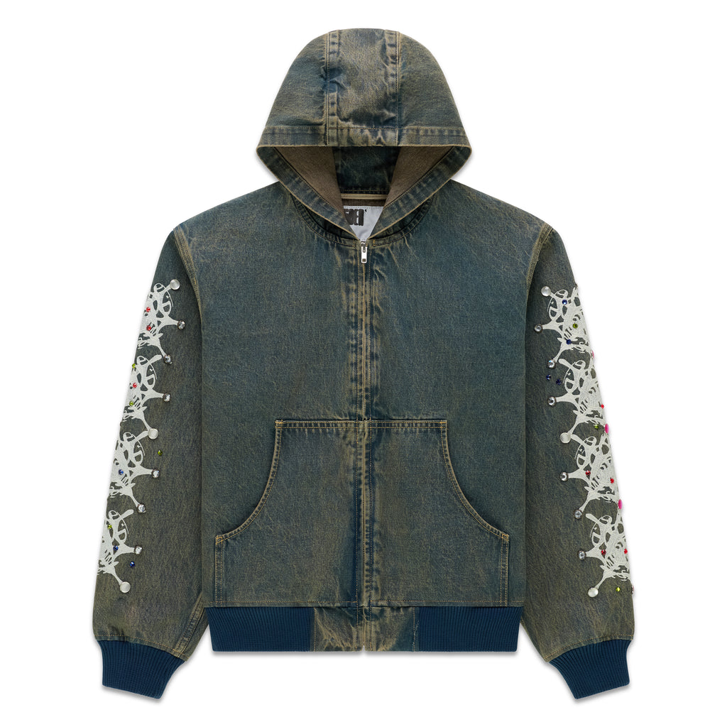Faded denim hooded jacket with web print and rhinestone embellishments on sleeves, zip closure, patch pockets, rib-knit hem and cuffs.