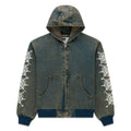Faded denim hooded jacket with web print and rhinestone embellishments on sleeves, zip closure, patch pockets, rib-knit hem and cuffs.