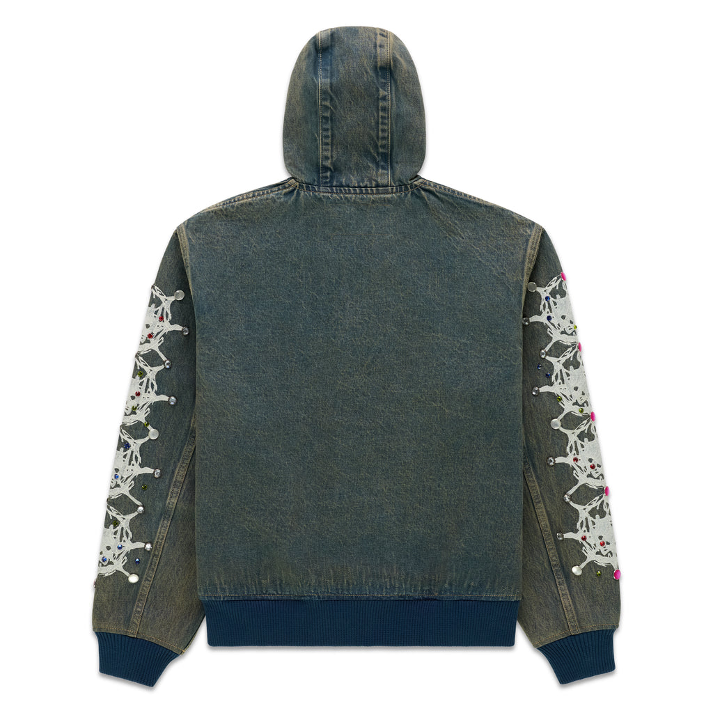 Faded denim hooded jacket with white web print, rhinestones on sleeves, and rib-knit hem/cuffs.